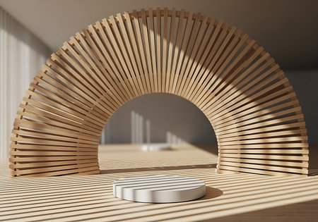 Wooden arch structure with circular podium casting shadow on floorの素材