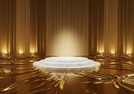 Luxury golden stage podium with spotlight and draped curtain backgroundの素材