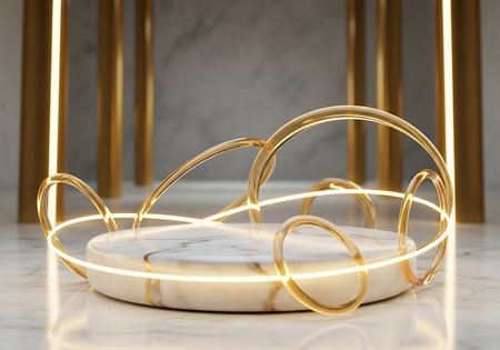 Luxury marble podium with glowing gold abstract ring decorationの素材