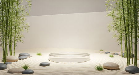 Minimalist zen garden display with bamboo and smooth stone podiumの素材