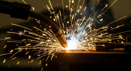 Closeup of metal inert gas welding process creating bright sparksの素材