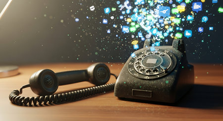 Old rotary telephone with digital data stream exploding from receiverの素材