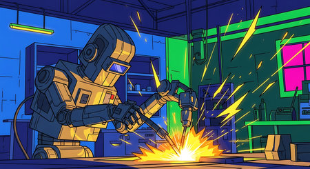 Robot welder performing arc welding with bright sparks in workshopの素材