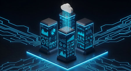 Abstract 3d rendering of futuristic data server tower with cloudの素材