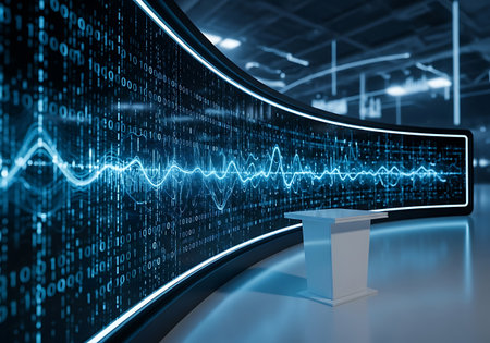Curved digital screen displaying blue sound wave and binary codeの素材