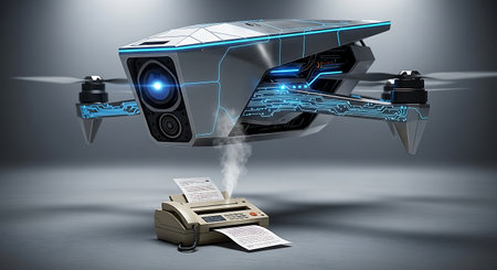 Futuristic drone technology printing document from old typewriterの素材
