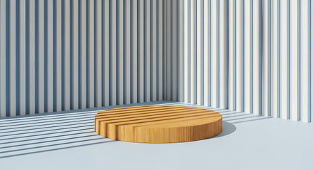 Wooden podium display stand in minimalist interior with shadowの素材