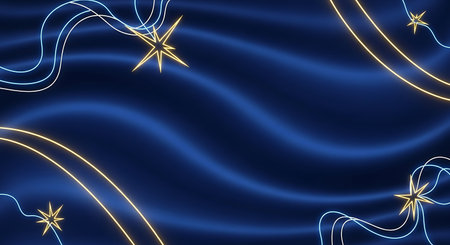 Abstract blue satin background with glowing gold and white star trailsの素材