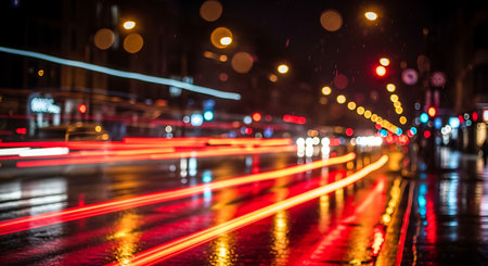 Long exposure of red light trails on wet city street at nightの素材
