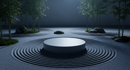 Minimalist podium in zen garden with raked gravel and treeの素材