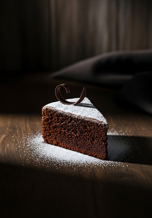 Slice of rich chocolate cake dusted with powdered sugarの素材