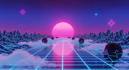 Vaporwave retro sunset over a glowing neon wireframe landscapeの素材