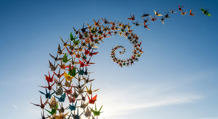 Colorful origami paper cranes flying in a spiral against blue skyの素材