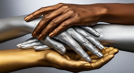 Diverse hands painted gold silver and bronze stacked togetherの素材