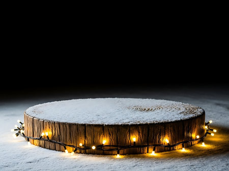 Wooden tree stump podium covered in snow with warm fairy lightsの素材