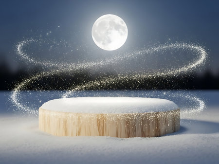 Wooden podium covered in snow under a bright full moon at nightの素材