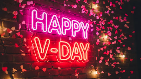 Bright pink and red neon sign saying happy vday with falling heart confettiの素材