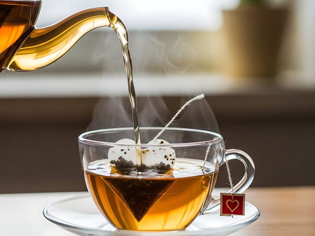 Hot tea being poured from a teapot into a clear glass cup with a teabagの素材