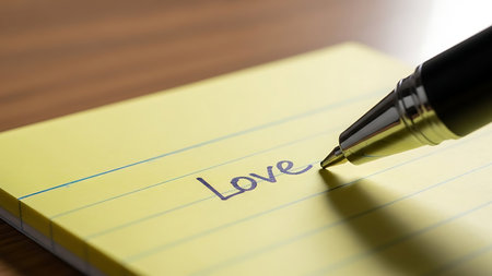 Close up of a pen writing the word love on a yellow lined notepadの素材
