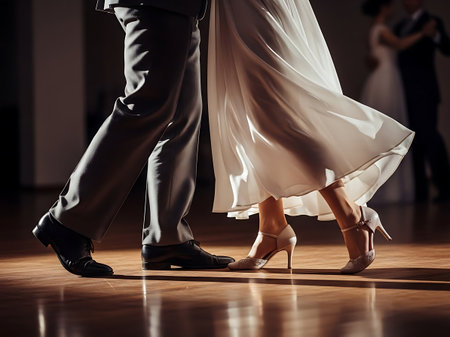 Close up of couples legs dancing ballroom or latin style on wooden floorの素材