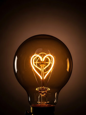 Glowing incandescent light bulb with a heart shape filament against a dark backgroundの素材