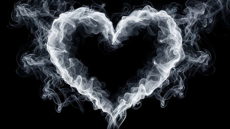 Heart shape made of white smoke or vapor against a solid black backgroundの素材
