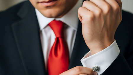 Man in black suit adjusting silver cufflink on white shirt sleeveの素材