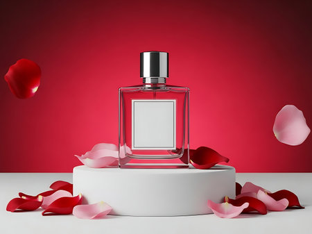 Elegant glass perfume bottle with silver cap displayed on white pedestal with rose petalsの素材