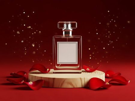 Luxury perfume bottle presentation on wooden pedestal with red rose petals and bokehの素材