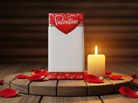 Mockup of a valentines day gift box with a red heart and lit candle on woodの素材