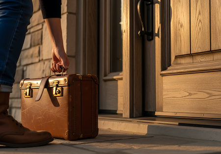 Person arriving home or leaving with a vintage brown suitcase by the front doorの素材