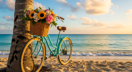 Vintage bicycle with flower basket leaning against palm tree on tropical beach at sunsetの素材