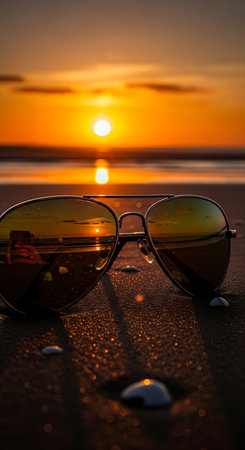 Aviator sunglasses resting on wet sand during a vibrant orange sunset at the beachの素材