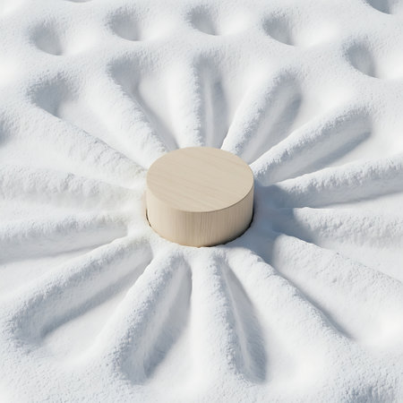 Wooden podium on snow with radial pattern for product display in winterの素材