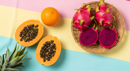 Assortment of fresh tropical fruits including papaya, dragon fruit, and orange on pastel backgroundの素材