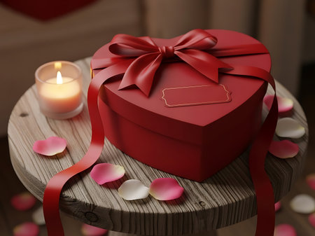 Romantic red heartshaped gift box with ribbon and candle on wooden tableの素材