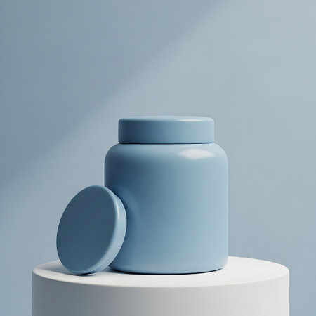 Minimalist blue supplement container with lid resting on white podium against blue backgroundの素材