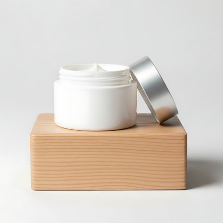 White cosmetic cream jar with silver lid resting on a wooden block isolated on white backgroundの素材