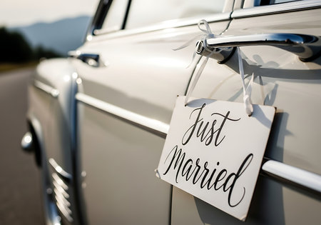 Close up of a just married sign hanging from the door handle of a vintage carの素材