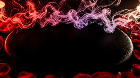 Dark oval stone with dramatic red and purple smoke rising above it in a frameの素材