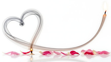 Burning candle forming a heart shape with smoke isolated on white backgroundの素材