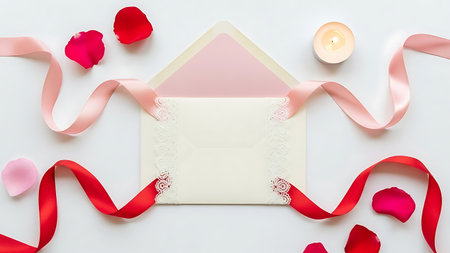 Blank love letter envelope with pink and red ribbon and rose petal isolated on white backgroundの素材