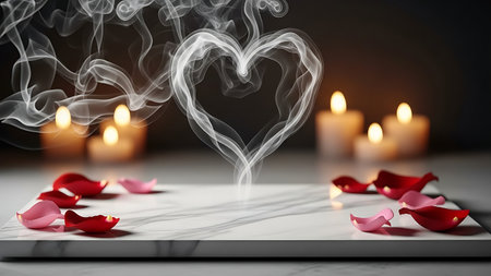 Heart shape made of smoke rising above scattered rose petals and lit candlesの素材
