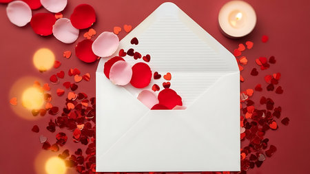 Open white envelope spilling red and pink heart confetti and rose petals with candle lightの素材