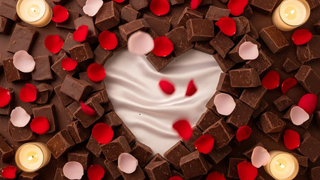 Heart shape made of chocolate pieces, rose petals, and glowing candles for romanceの素材