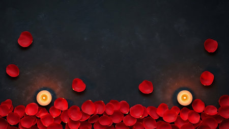 Top view of red rose petals and small candle lights on dark backgroundの素材