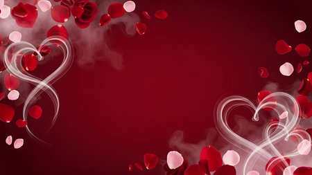 Romantic abstract background with glowing hearts, smoke, and falling rose petalsの素材