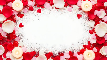 Romantic frame border with red and pink rose petal and candle for valentineの素材