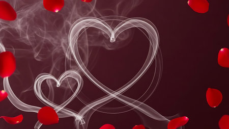 Two intertwining smoke hearts with falling red rose petals on dark backgroundの素材