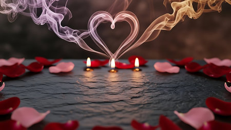 Three small candle flame create a heart shape with smoke on dark surfaceの素材